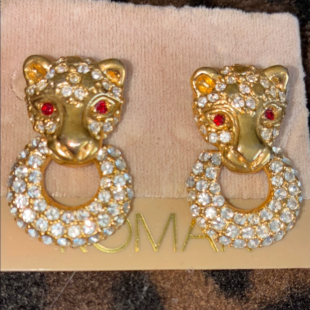 Roman Tiger Crystal Red Eyes Fabulous Post Earrings New Jewelry